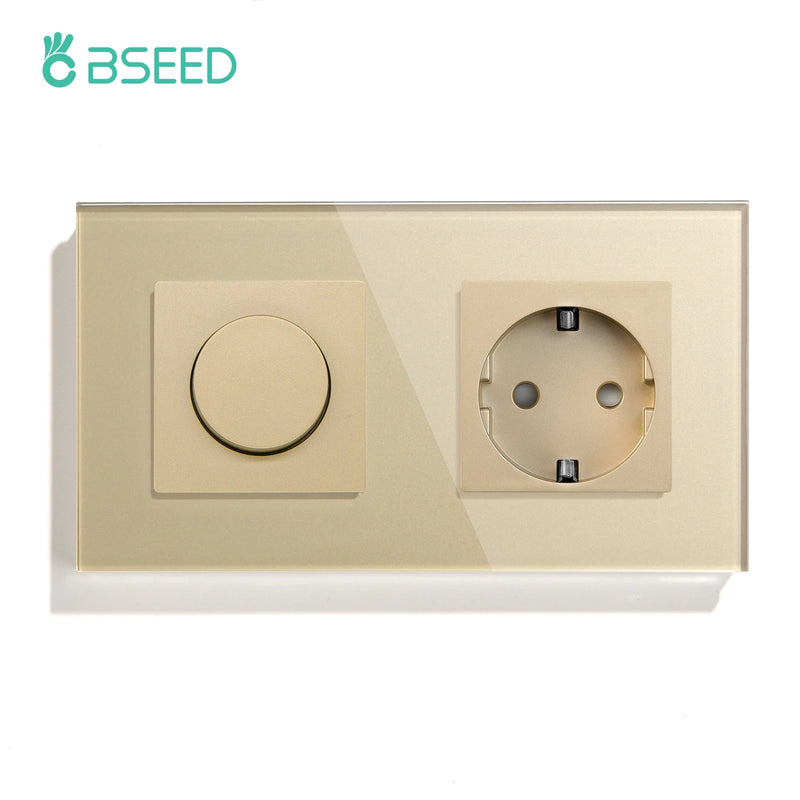 BSEED Mechanical Dimmer Light Switch Plus EU Socket USB Type-C Port Power Outlet Led Dimmable Switch Glass Frame 10A