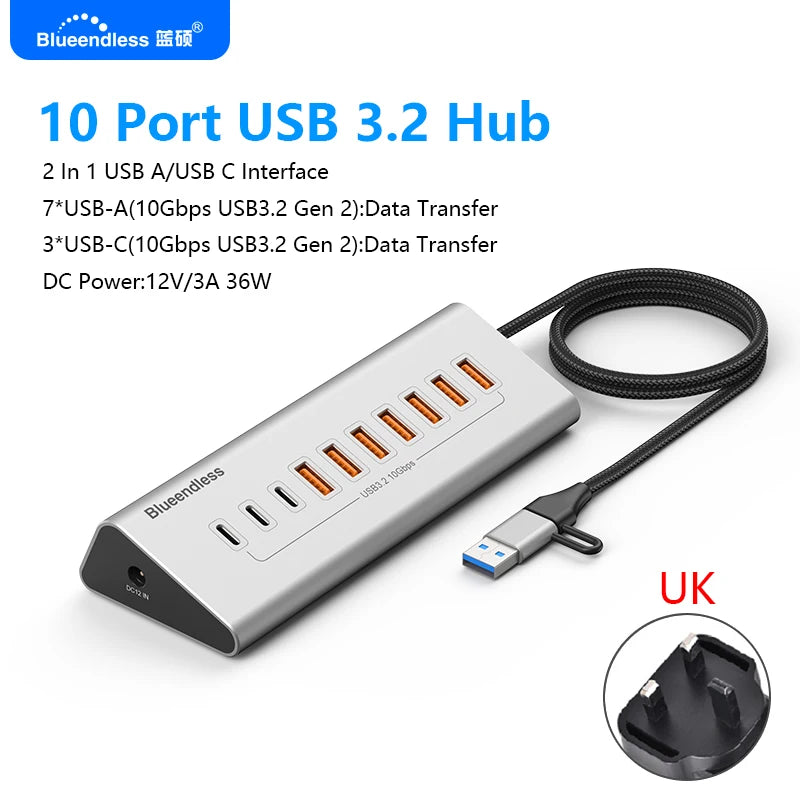 ប៊្លូអែនលីស អាលុយមីញ៉ូម USB3.2 ជំនាន់ទី 2 10Gbps 7 ច្រក 10 ច្រក USB-C Hub 7 ក្នុង 1 10 ក្នុង 1 USB-A Splitter Adapter សម្រាប់កុំព្យូទ័រយួរដៃ macbook