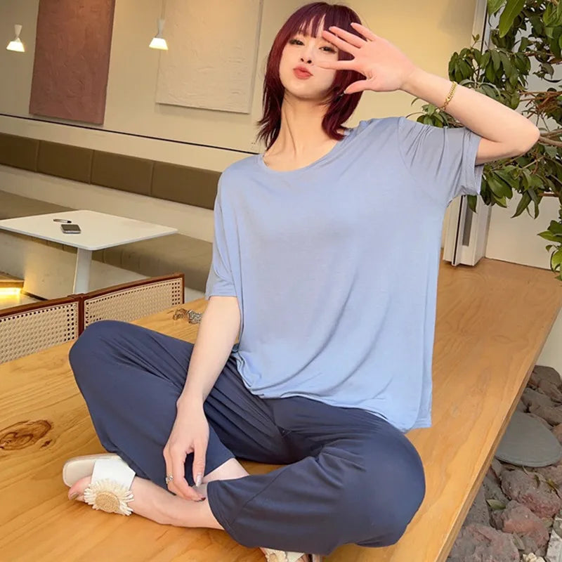 Contrast Color Modal Pajamas Women Home Clothes Korean Loose Spring Summer Short Sleeve Pant Suit Housewear Casual Sleepwear Set