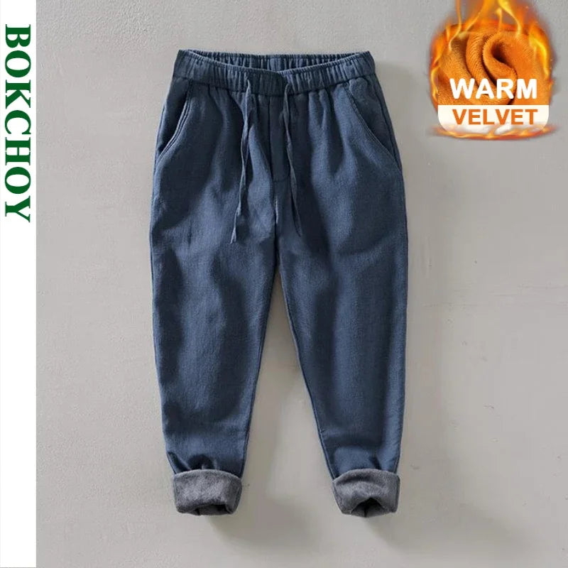 Winter New Vintage Warm Velvet Ramie Cotton Straight Pants for Men Clothing Elastic Waist Pants Retro Trousers BL8234