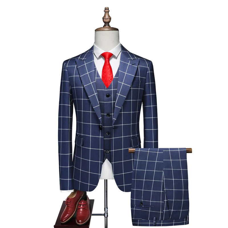 Men's Black-White Striped Plaid Suit 3-Piece, Wedding Party Dress Jacket and Vest with Trousers, Asian Sizes Red Slim Fit Sets.