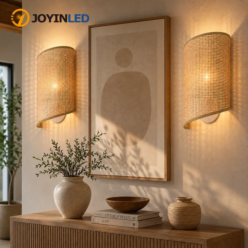 JOYINLED Bamboo Wall Lamp Indoor Retro Wall Light Rattan E27 Handmade Vintage Lampshade Bamboo Lamp Living Room Bedroom 1/2PCS