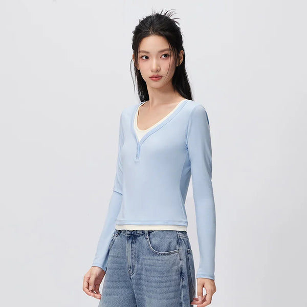 អាវយឺត Semir សម្រាប់នារី ដៃវែងខ្លី ករាងអក្សរ U ស្រោបដោយក្រណាត់ពីរជាន់ ស្ដើងតឹង ធម្មតា ស្លៀកប្រចាំថ្ងៃ រដូវស្លឹកឈើជ្រុះ ឆ្នាំ២០២៦