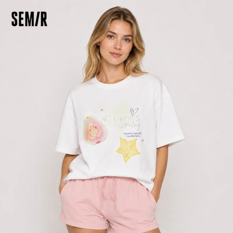 Semir Women Tshirt Cotton Hot Drilled Fruit Pattern Midi Length Loose Pullover Lazy Sweet 2026 Summer Casual Top