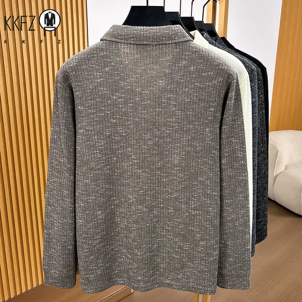 Premium Mens Knitted Polo Long Sleeve Tops Fine Rib Texture Stretch Fabric Turn Collar For Daily And Business Occasions