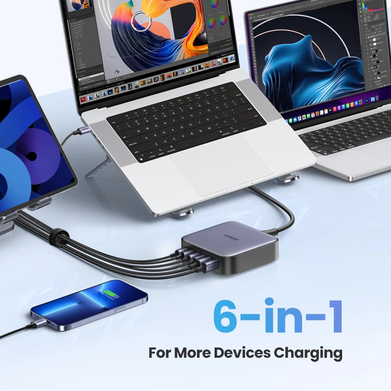 UGREEN 200W GaN Charger Desktop Laptop Fast Charger 6 in 1 Adapter For iPhone 17 16 Pro Xiaomi Samsung Tablets Macbook Charger