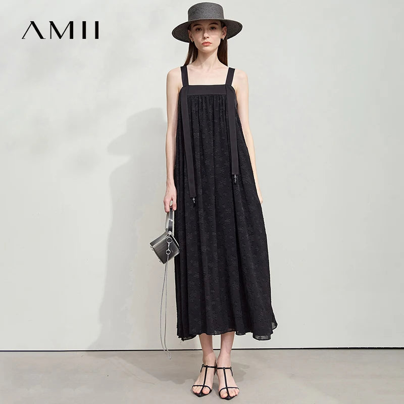 Amii Minimalist Women's Vacation Sundress 2026 Summer New Fashion Casual A-Line Wrinkle Black Elegant Strap Dresses 12552046
