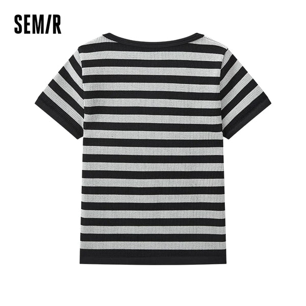 Semir Bottoming Shirt Women Stylish Vintage Striped Short Sleeve T-Shirt Round Neck Inner Layer Spring Top Slim Fit Slimming