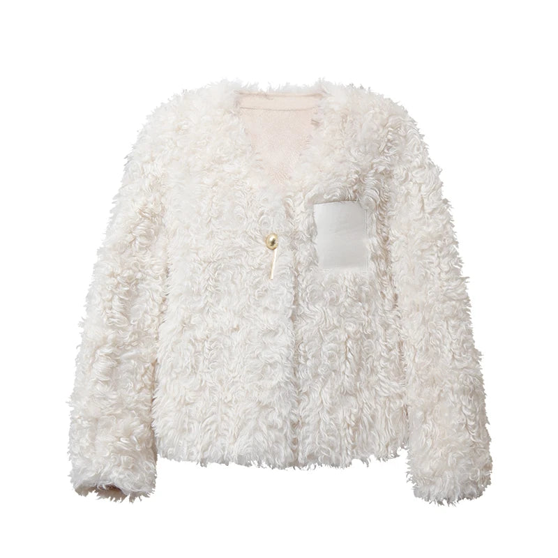 Amii Women's V-Neck Faux Fur Coat Oversized Slimming Warm Commuter Minimalist Winter 2026 Coats for Women 12614014