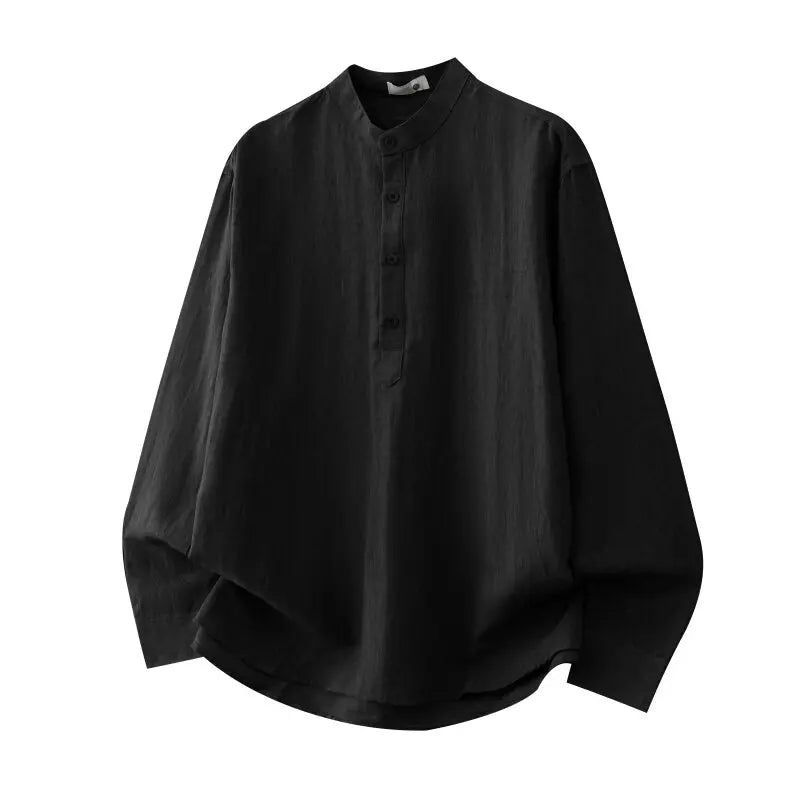 DUKEEN Men's Lyocell Linen Blend Henley Shirt Long Sleeve Stand Collar Lightweight Breathable Casual Old Money Style
