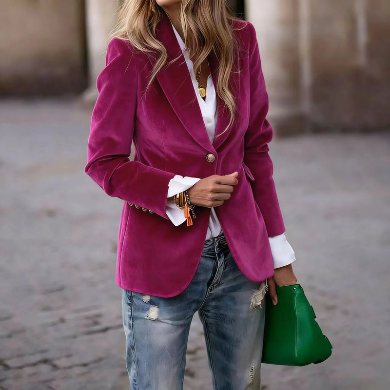 Elegant Women's Long-sleeve Blazer, A V-neck Jacket Made of Corduroy. Available in Black,Purple,Brown,Yellow,Red,Blue,Green,Gray