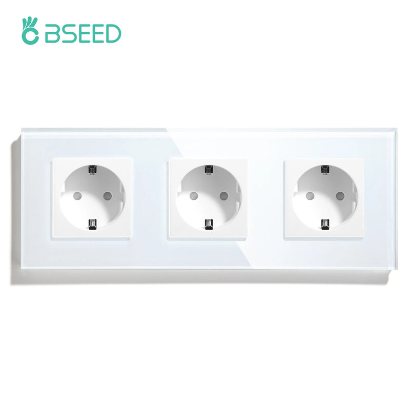 BSEED EU Standard Wall Sockets Single Power Outlets Double Frame Sockets Glass Panel Triple Plug Sockets Kids Protection 16A