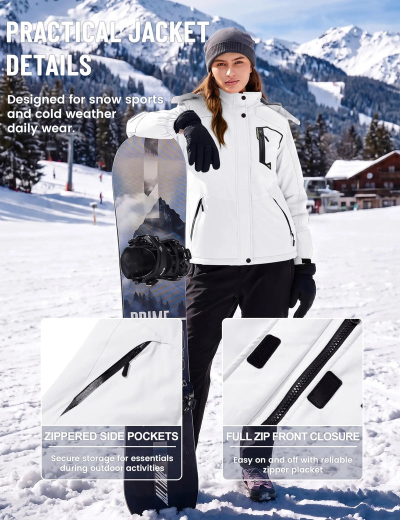 TACVASEN Women Winter Waterproof Ski Parka Jacket Thermal Fleece Windproof Casual Work Jacket Padded Snow Down Coat With Pockets