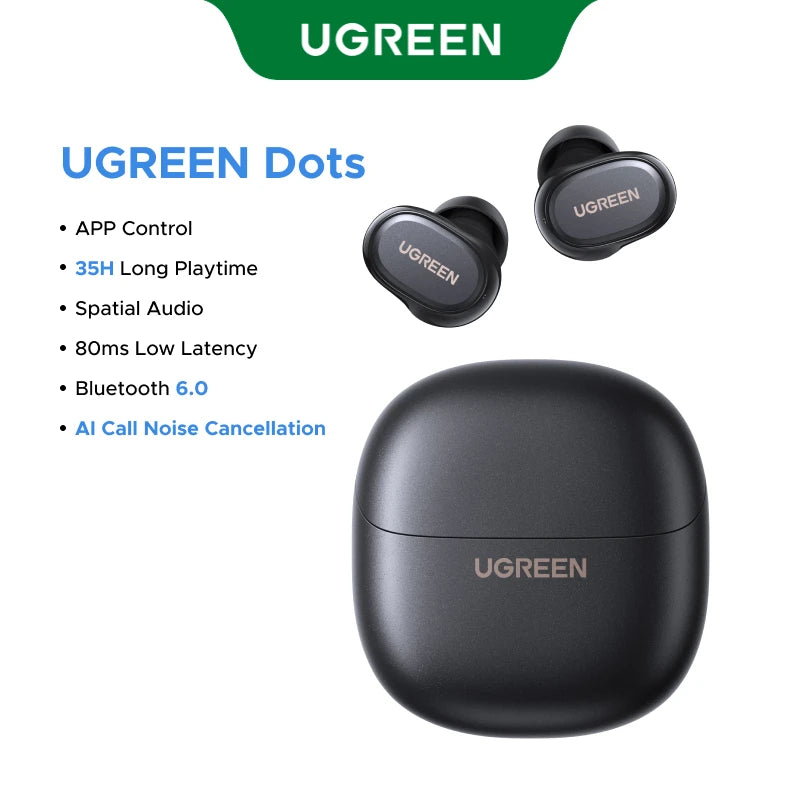 UGREEN Dots Wireless Earbuds Bluetooth 6.0 in Ear Buds Light Weight Headphones,Deep Bass Sound, 35H Play, Earphones With APP