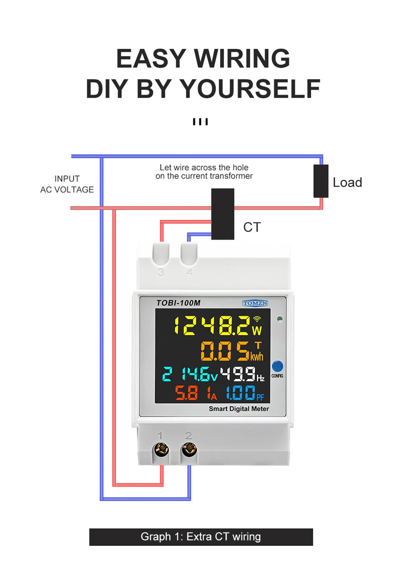 TOMZN 6-in-1 WiFi Smart Meter – Voltage, Current, Power, Energy, Frequency, PF, Timer, with Internal/External CT