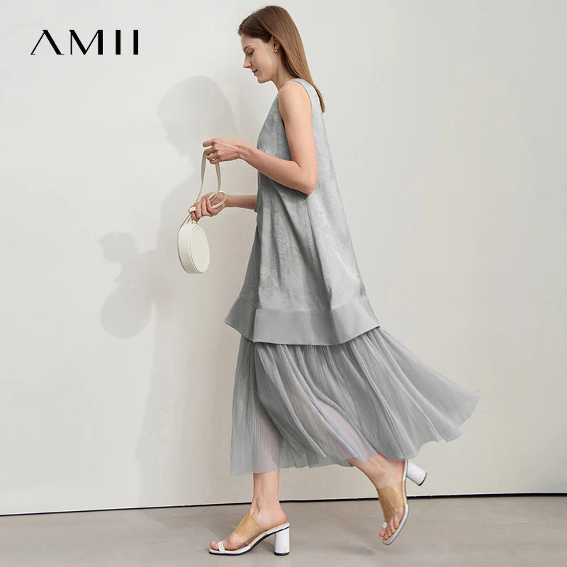 រ៉ូប AMII រចនាប័ទ្មចិនតិចតួចបំផុត ឆ្នាំ២០២៦ រ៉ូប O-Neck ដៃអាវ Jacquard ក្លែងក្លាយ 2-Piece Mesh សម្លៀកបំពាក់ស្ត្រីរដូវក្តៅ 12552031