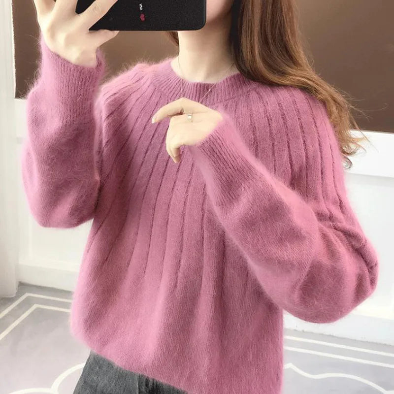 Vertical Strip Autumn Winter Lazy Wind Round Neck Pullover Women's Bottoming Shirt Loose Jumper Ladies Pull Knitted Sweater