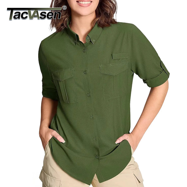 TACVASEN Womens UPF 50+ Fishing Shirts UV Block Quick Dry Long Sleeve Cargo Shirts Breathable Mesh Outdoor Trekking Hiking Shirt