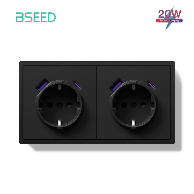 BSEED EU Standard Single Wall Socket 20W Fast Charge USB Type-C Charge Port Double Wall Power Outlets Plastic Frame 16A