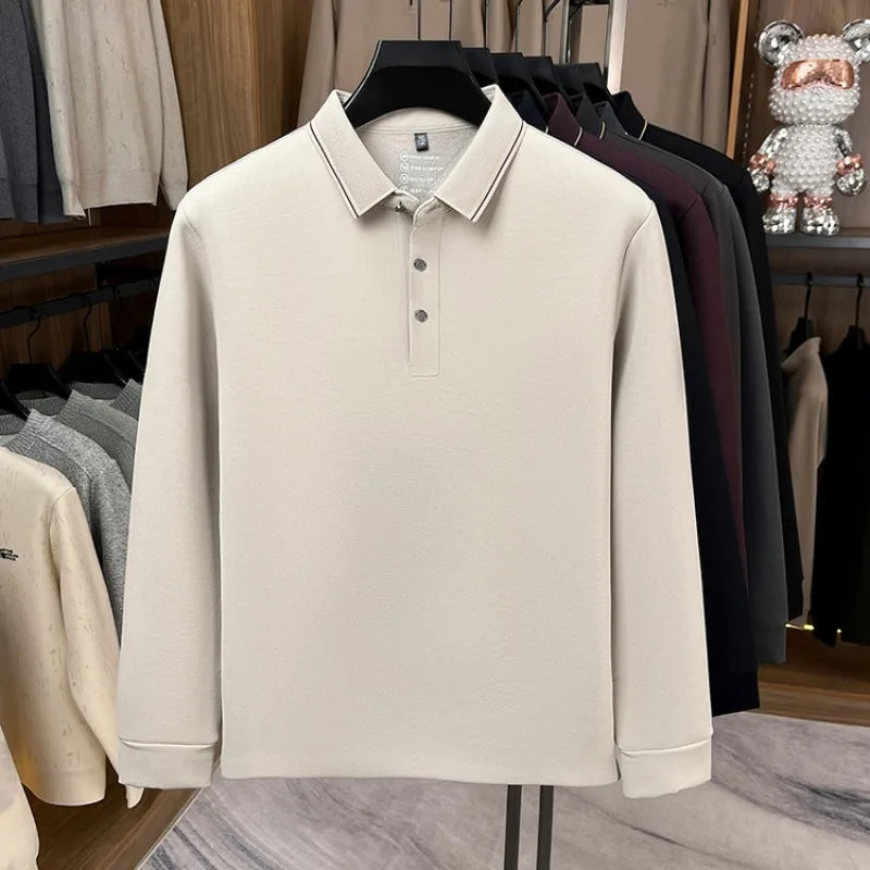 Men's Fleece-Lined Waffle Knit Polo, Vertical Stripe Collar Seamless Design, Anti-Wrinkle Technology