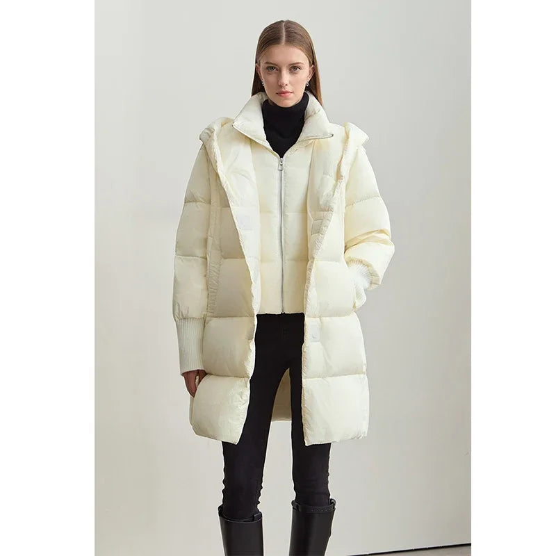 Amii 2026 Winter Warm New Women Down Jacket Cuffs Magnetic Buckle Zipper Hooded Fake Two-piece Thick Loose Long Coats 12444104