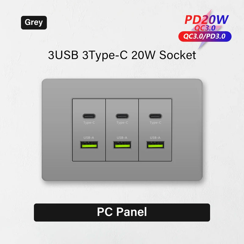 Korea Chile standard 20W Super Fast smart Charge Type C USB Port Power Wall Socket Plug,118*73mm Quick Charge electrical Outlet