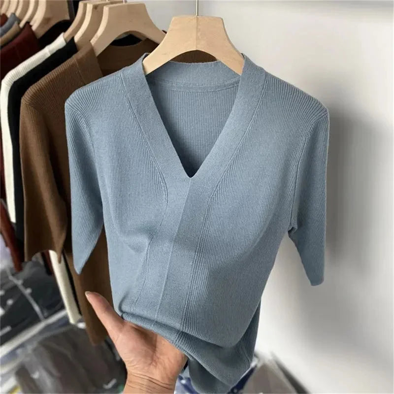 Thin Knit Tops 2026 Bottoming Shirts Women Sweater Short Sleeve V-neck Stripe Knitwears Slim Fit Shirt Korean Summer Pullovers