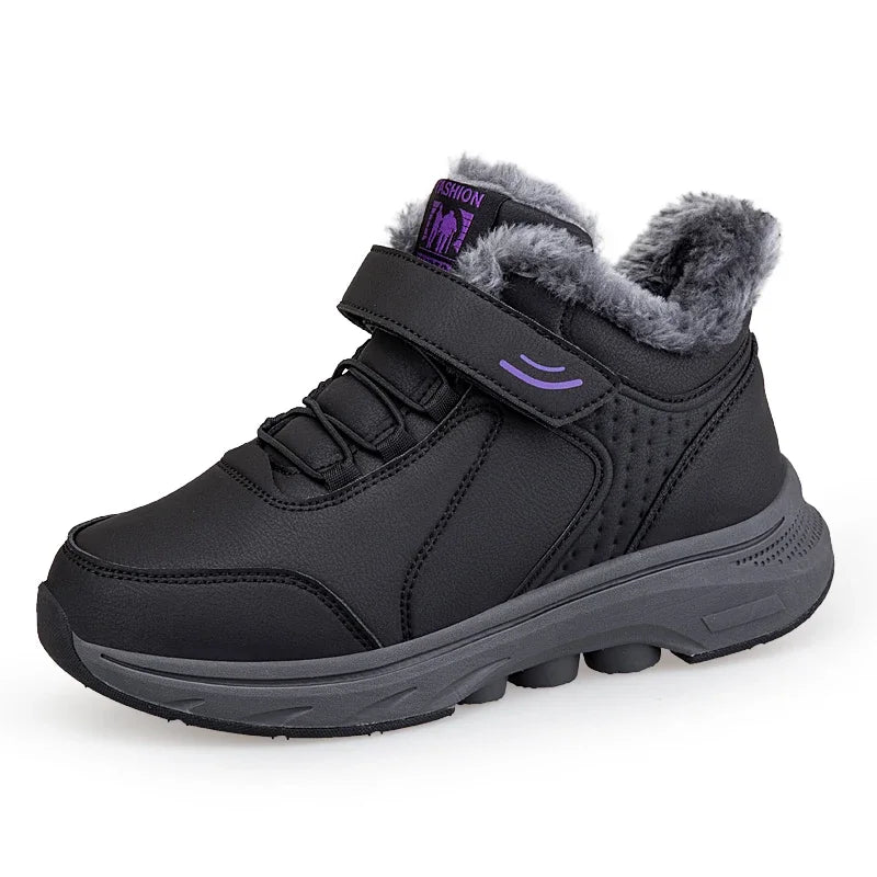 Winter Plush Lined Elderly Shoes PU Leather Non-Slip Rubber Adjustable Strap Warm Snow Boots Comfort Walking Shoes for Elderly