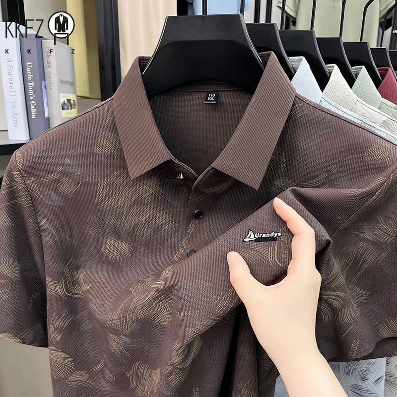 Everyday Wear Abstract Feather Printed Lapel Polo Mens Soft Cloth Casual Dinner And Post work Walking Apparel