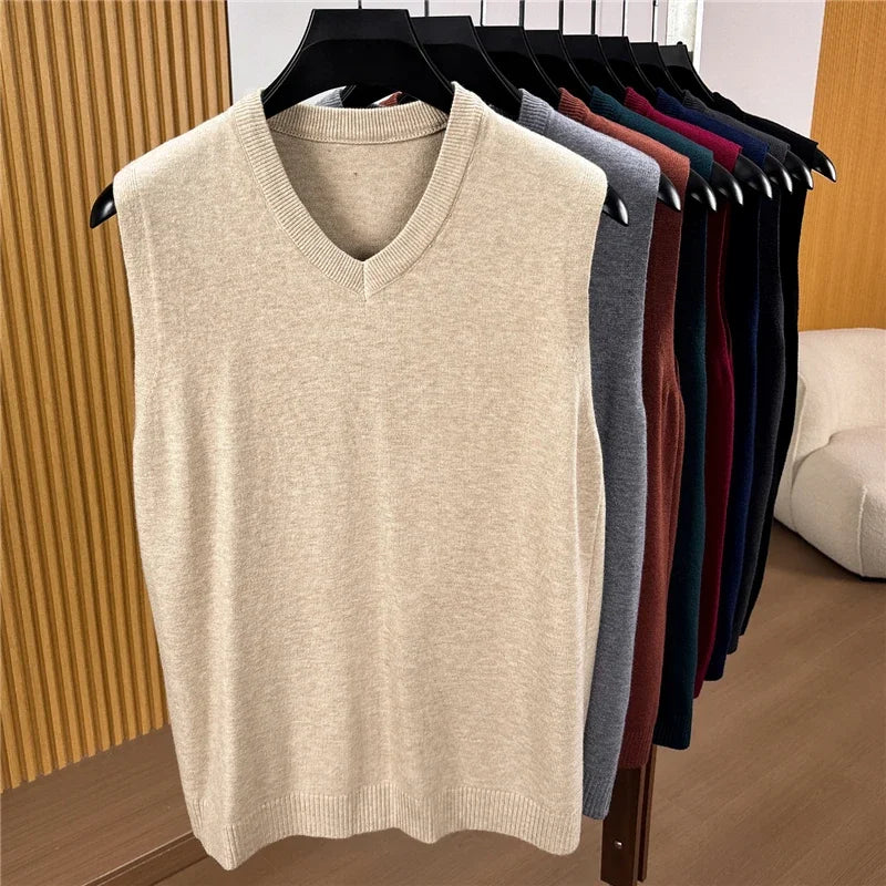 Fall Mens V Neck Knitted Waistcoat Sleeveless Sweater Vest Comfortable Knit Top For Business Daily Outfit Matching