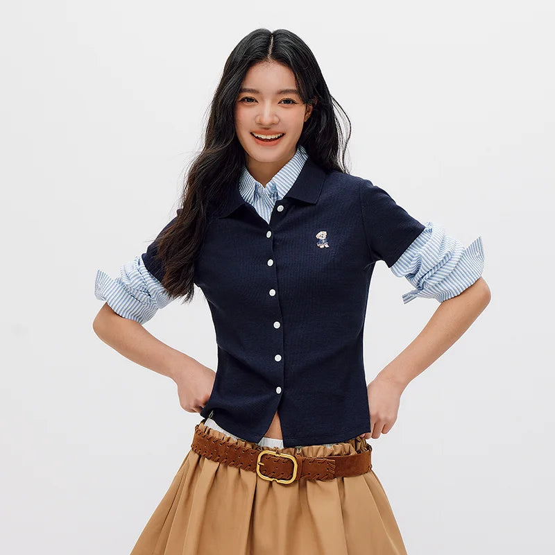 Semir Women Polo Shirt Puppy Embroidery Slim Straight Shoulder Summer 2026 Minimal Cardigan Style Casual Fashion Top