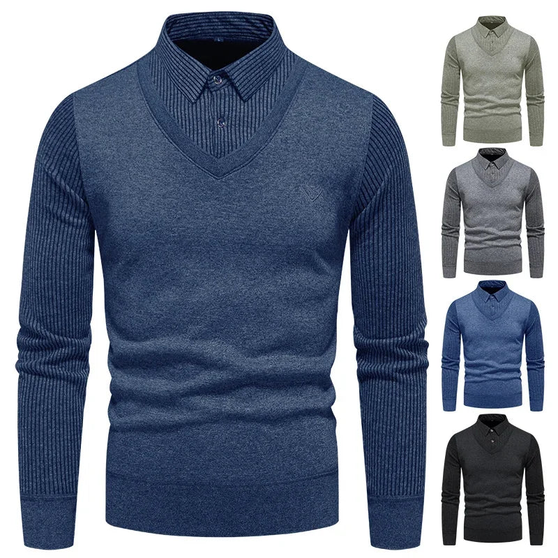 All Season Male Fake Two Piece Long Sleeve Top V Neck Fake Waistcoat Stripe Detail Lapel Collar Embroidered Decor