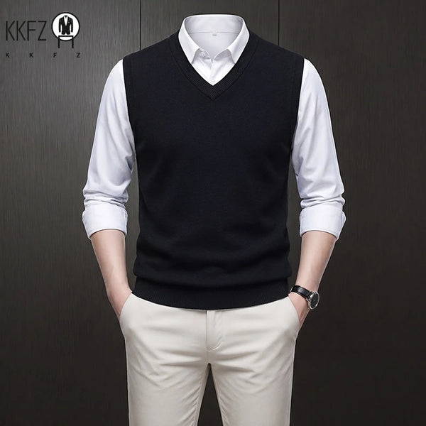 V Neck Sleeveless Plain Knit Vest For Men Soft Handfeel Knitwear Business Formal Sweater Tank Top Autumn Layering Clothes