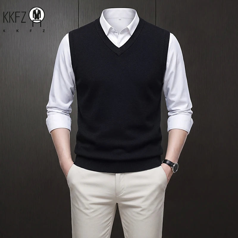 V Neck Sleeveless Plain Knit Vest For Men Soft Handfeel Knitwear Business Formal Sweater Tank Top Autumn Layering Clothes
