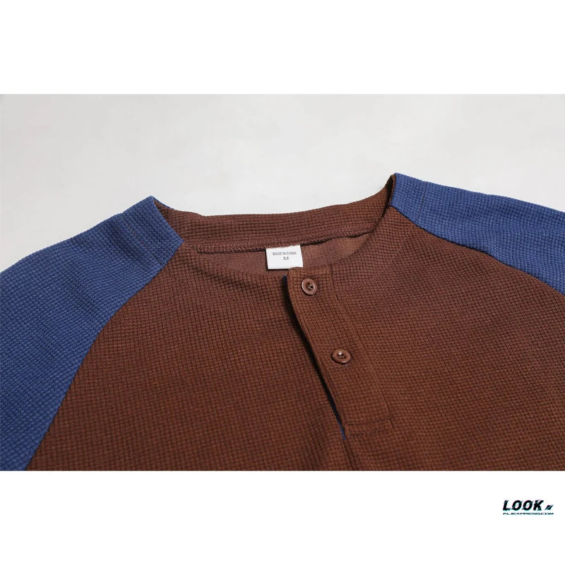 Men's Autumn Outdoor Breathable Long - Sleeve Round - Neck Waffle Knit Sweatshirt with Raglan Sleeve Splicing
