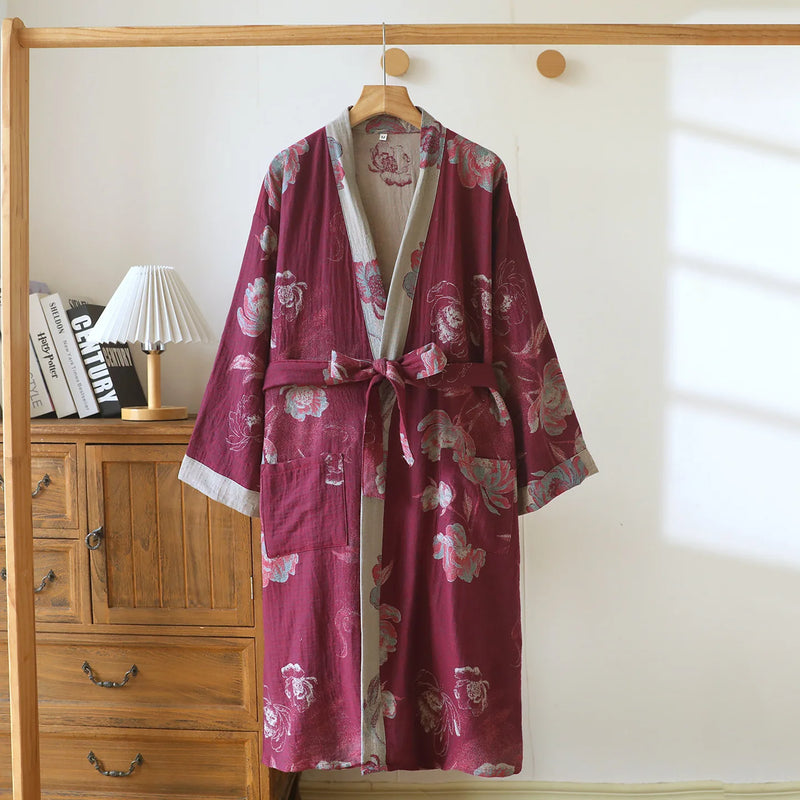 Kimono Robes Women Comfortable Home Bathrobe Spring Autumn Women's Sleeping Robe 100% Cotton Gauze Floral Printed Home Wear