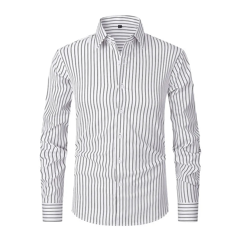 2026 Men's Pink Long-Sleeve Striped Shirt, White Single-Breasted Lapel Shirts, Available in Black or Blue.