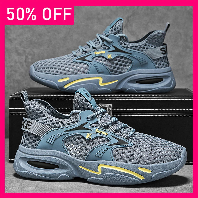 Men Sports Shoes Fashionable Lace Up Breathable Mesh New Anti Slip Wear-resistant Soft Sole Comfort Outdoor Walking Tennis Shoes