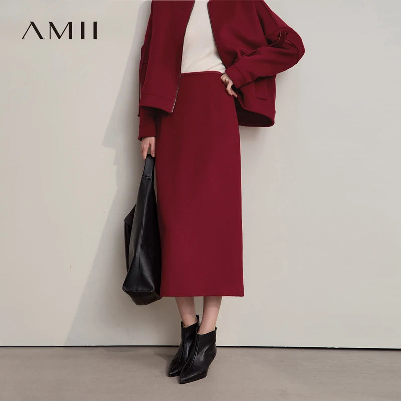 AMII Women's Skirt 2026 Winter New Minimalist Solid Color Commuter Skirts For Woman Wool Long Versatile Clothing Female 12544047