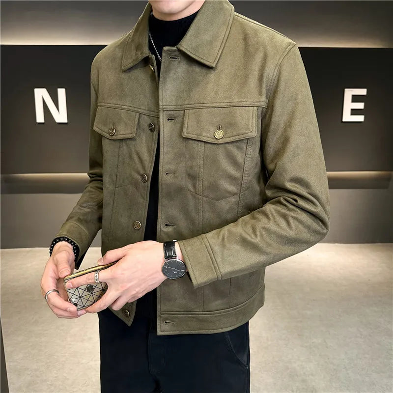 High-Grade Deerskin Velvet Padded Jacket,  Men's Lapel Short Solid Color Coat Brown
