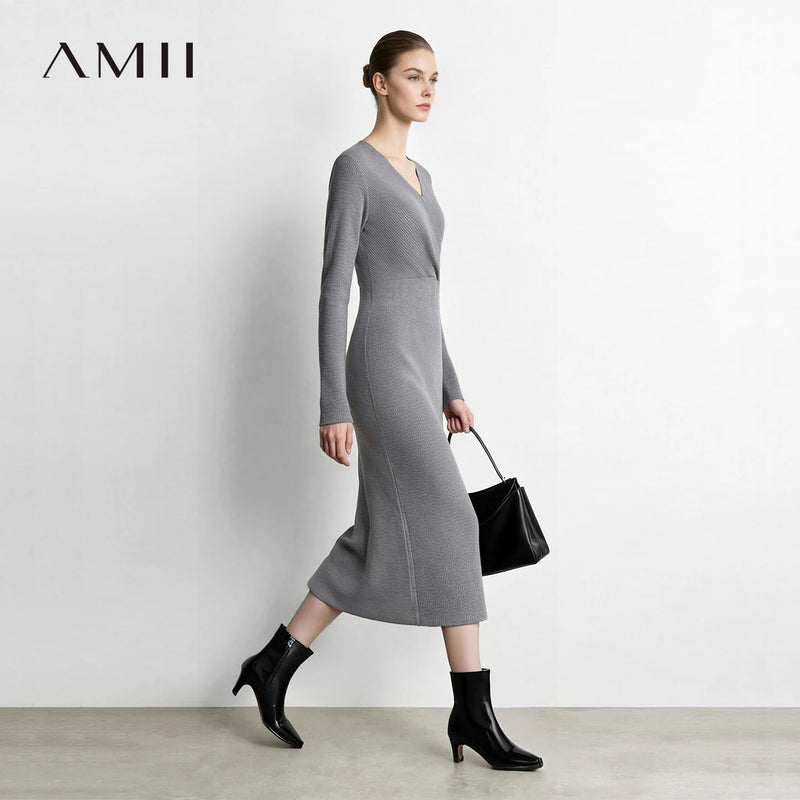 Amii V-Neck Knit Dress For Women Slim Waist A-Line Long Sleeve Elegant Maxi Sweater Dresses Minimalist Woman Clothes 12623140