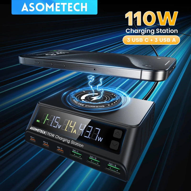 ឆ្នាំងសាកឥតខ្សែ 110W USB Multi Charger 6-Port Desktop PD QC 3.0 Type C Fast Charging Station សម្រាប់ iPhone Laptop Xiaomi Samsung