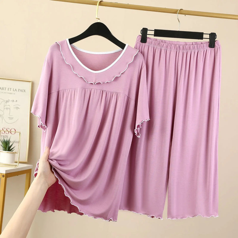Women's Pajamas Set New V Neck Short Sleeve Capri Pants Suit Modal Casual Sleep Wear Home Clothing Night Pijamas Sets Female