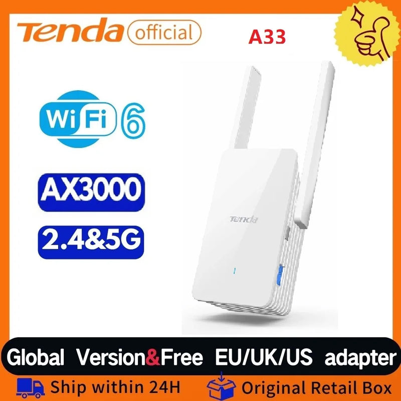 ឧបករណ៍ពង្រីកសញ្ញា WiFi Tenda A33 Wi-Fi 6 AX3000 Dual Band 2.4GHz 5GHz ឧបករណ៍បង្កើនសញ្ញា WiFi Gigabit WiFi Repeater រន្ធ Ethernet អ៊ីនធឺណិតនៅផ្ទះ