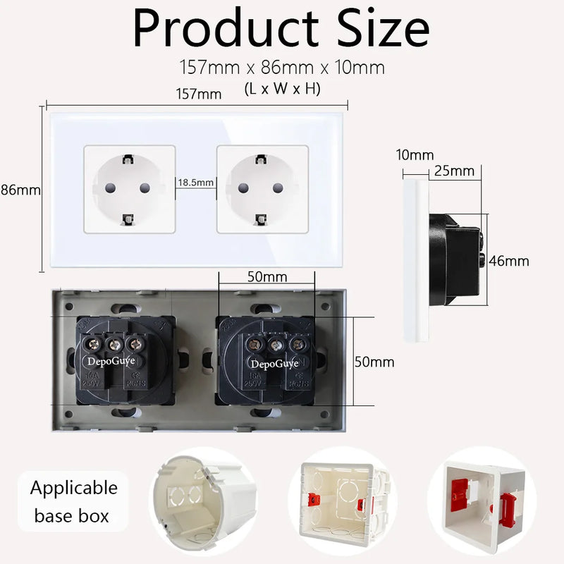 European Standard 4 Gang Wall Power Socket 16A Glass Panel with Three USB Type-C Ports White Black Industrial Home Hotel