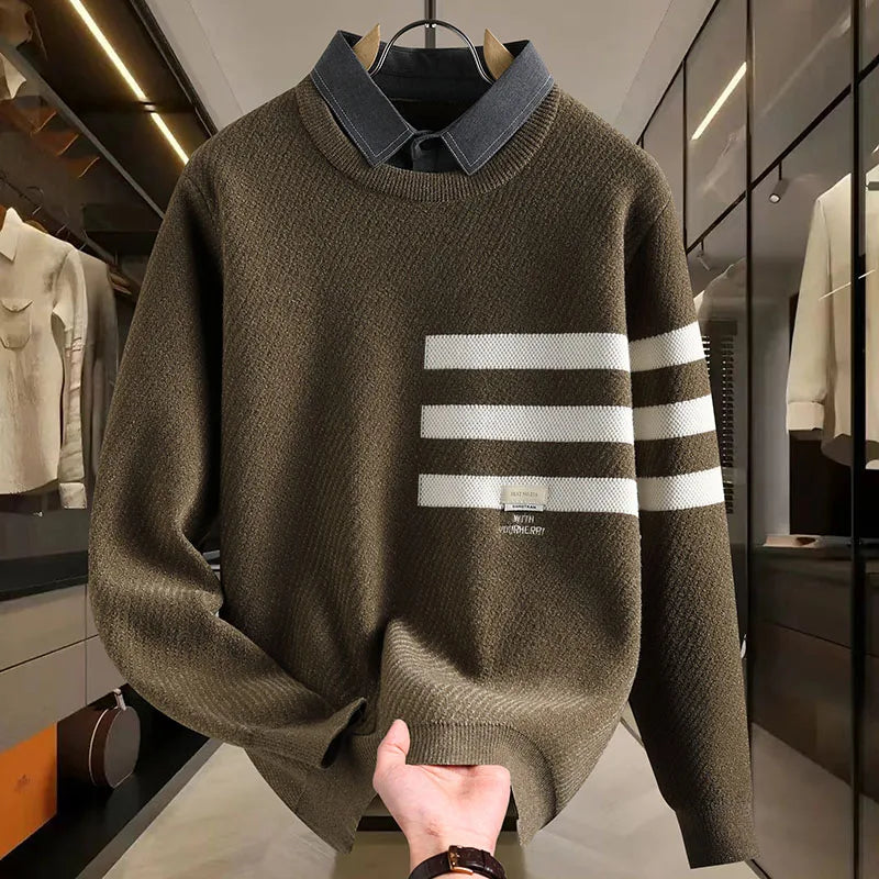 Premium Quality Man Fake Two Long Sleeved Knitted Shirts Solid Color Shirt Collar Stripes AutumnWinter Leisure Versatile Sweater