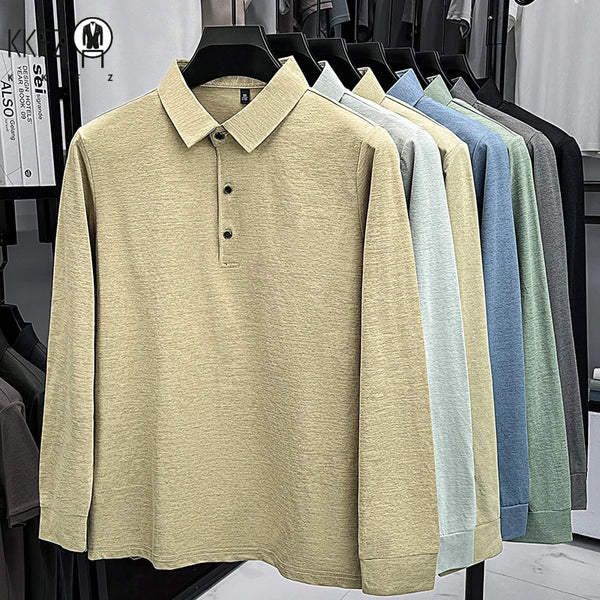 Mens Classic Heather Polo T Shirt Lapel Style Long Sleeve Button Placket Comfort Top For Daily Work And Outdoor Wear