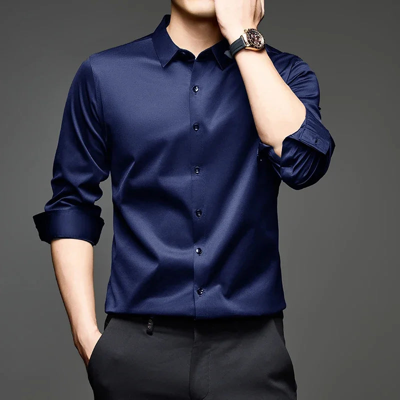 Mens Lightweight Button Up Dress Shirt Lapel Collar Long Sleeve Glossy Texture Top For Daily Business Occasions