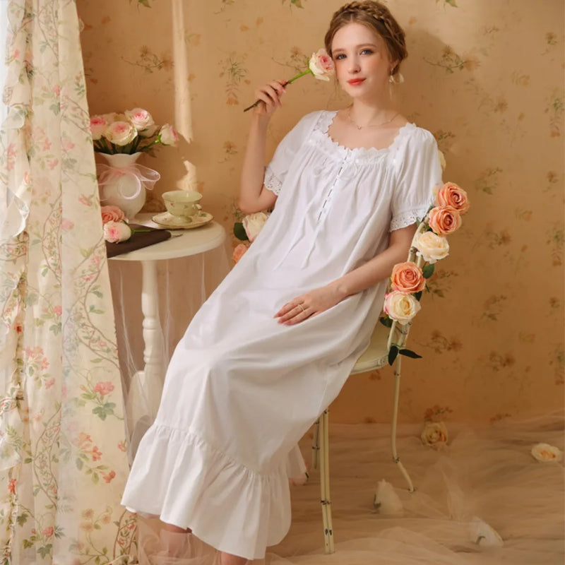 Princess Women Sleepwear One Piece Dress Summer Short Sleeve Pure Cotton Pajamas Dress Night Wear For Ladies Women's Nightgown