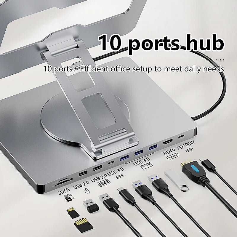 ឧបករណ៍ កាន់ iPad អាលុយមីញ៉ូម Blueendless 10 ក្នុង 1 Docking C Hub 4K 60Hz Type C Adapter USB3.0 5Gbps 100W PD Charger សម្រាប់កុំព្យូទ័រយួរដៃលើតុ